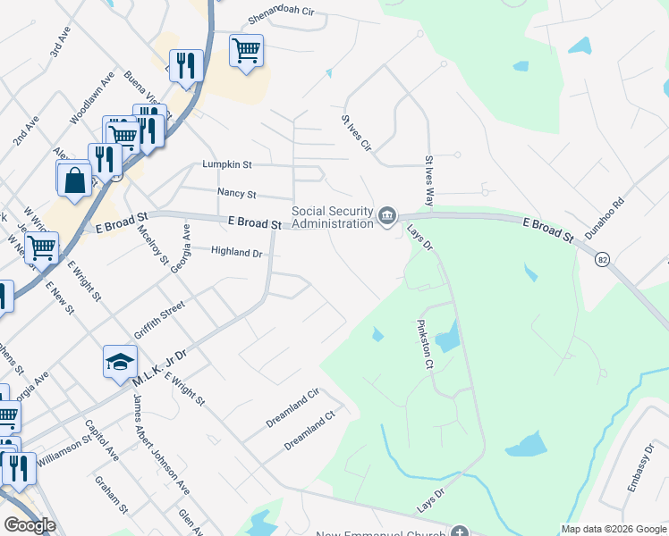 map of restaurants, bars, coffee shops, grocery stores, and more near 238 Rutledge Drive in Winder