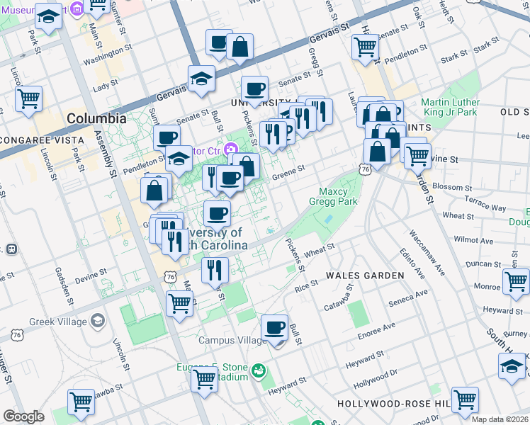 map of restaurants, bars, coffee shops, grocery stores, and more near 1520 Devine Street in Columbia