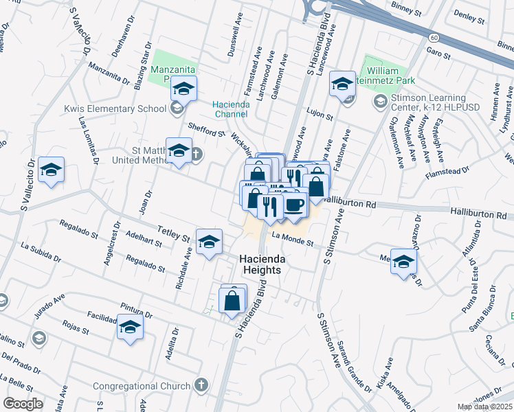 map of restaurants, bars, coffee shops, grocery stores, and more near 2101 South Hacienda Boulevard in Hacienda Heights