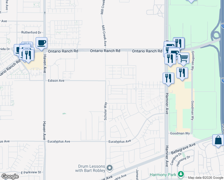 map of restaurants, bars, coffee shops, grocery stores, and more near 11071 Edison Avenue in Ontario