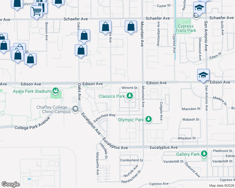 map of restaurants, bars, coffee shops, grocery stores, and more near 6161 Athena Street in Chino
