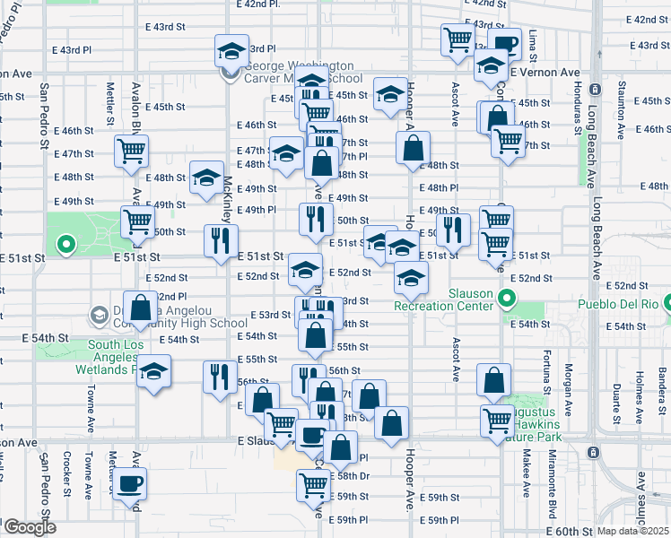 map of restaurants, bars, coffee shops, grocery stores, and more near 1133 East 52nd Street in Los Angeles