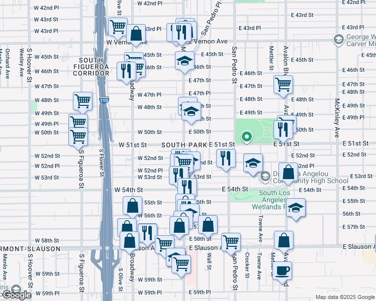map of restaurants, bars, coffee shops, grocery stores, and more near 5114 South Main Street in Los Angeles