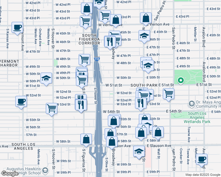 map of restaurants, bars, coffee shops, grocery stores, and more near 331 West 52nd Street in Los Angeles