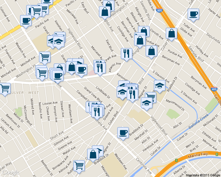 map of restaurants, bars, coffee shops, grocery stores, and more near 4327 Inglewood Boulevard in Los Angeles