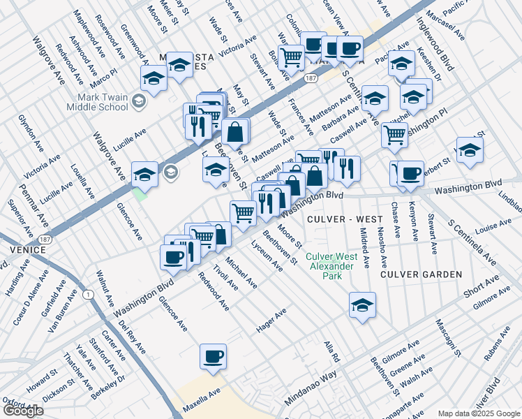 map of restaurants, bars, coffee shops, grocery stores, and more near 3978 1/2 Beethoven Street in Los Angeles