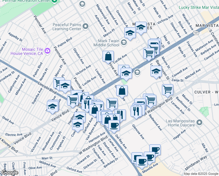 map of restaurants, bars, coffee shops, grocery stores, and more near 2418 Louella Avenue in Los Angeles