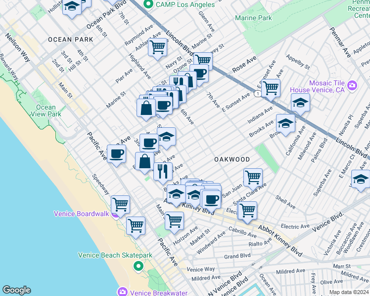 map of restaurants, bars, coffee shops, grocery stores, and more near 516 Vernon Avenue in Los Angeles