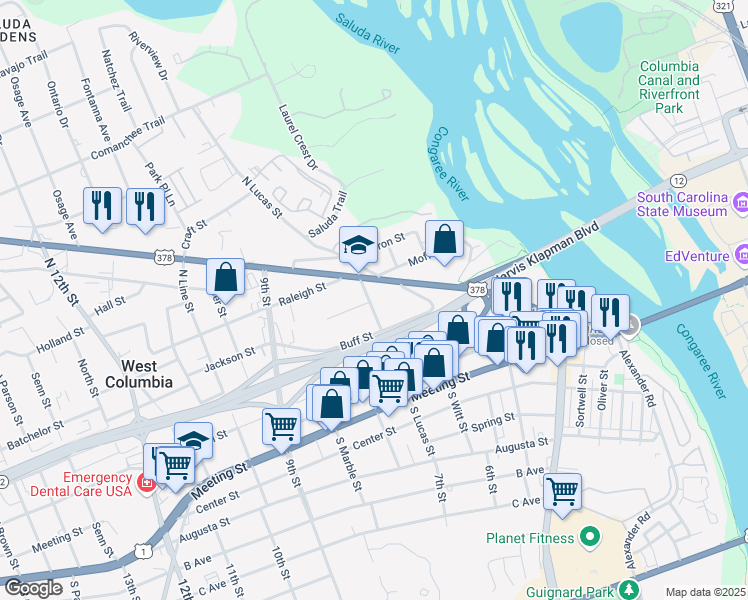 map of restaurants, bars, coffee shops, grocery stores, and more near 104 Whisper Way in West Columbia