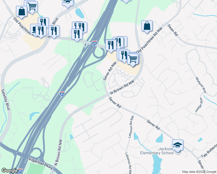 map of restaurants, bars, coffee shops, grocery stores, and more near 2354 Strand Avenue in Lawrenceville