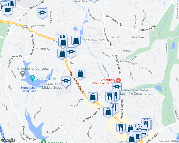 map of restaurants, bars, coffee shops, grocery stores, and more near 825 Holcombs Pond Court in Alpharetta