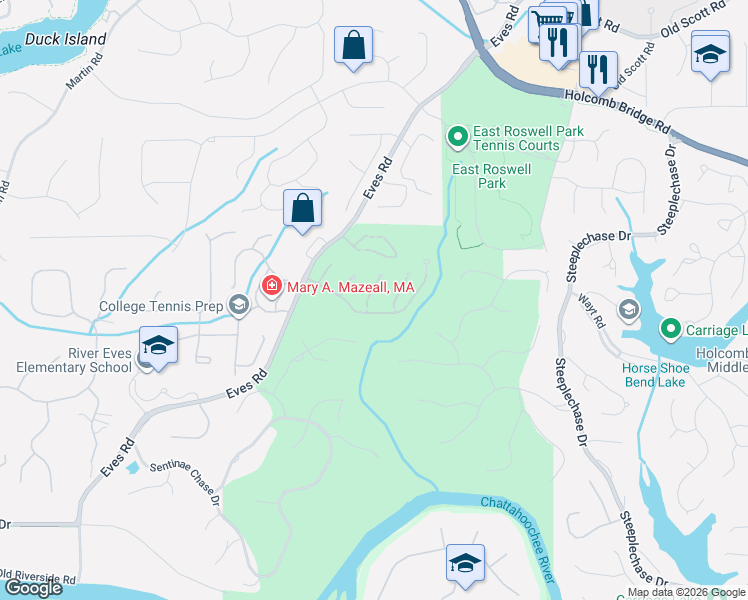 map of restaurants, bars, coffee shops, grocery stores, and more near 710 Falling Rocks Court in Roswell