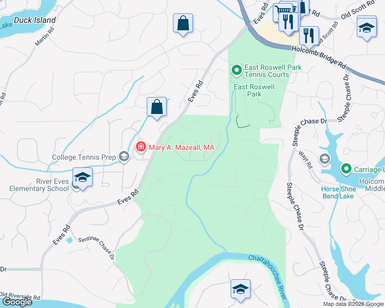 map of restaurants, bars, coffee shops, grocery stores, and more near 710 Falling Rocks Court in Roswell