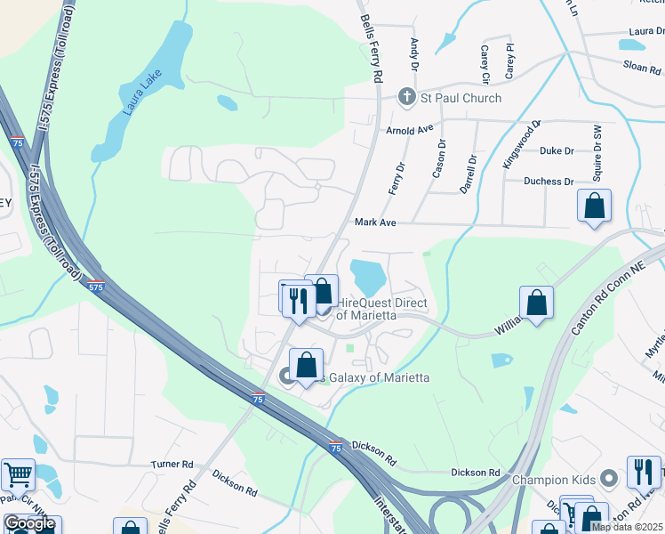 map of restaurants, bars, coffee shops, grocery stores, and more near 366 Oak Harbor Trail in Marietta