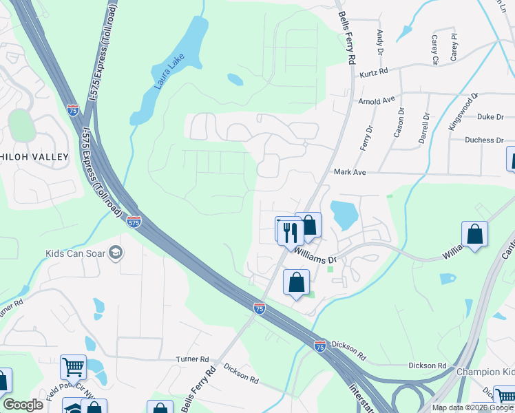 map of restaurants, bars, coffee shops, grocery stores, and more near 1853 Barrington Court in Marietta