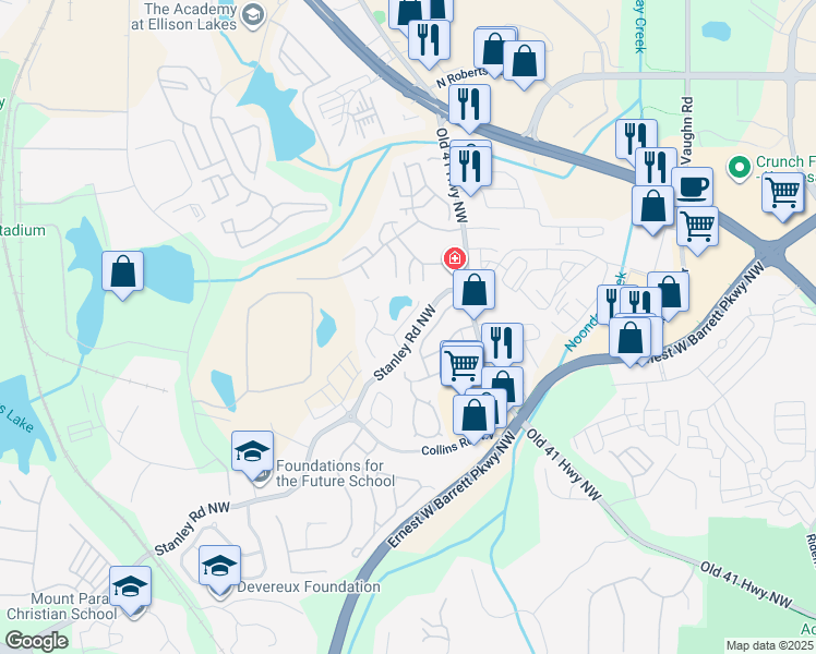 map of restaurants, bars, coffee shops, grocery stores, and more near 1728 Stanwood Drive Northwest in Kennesaw