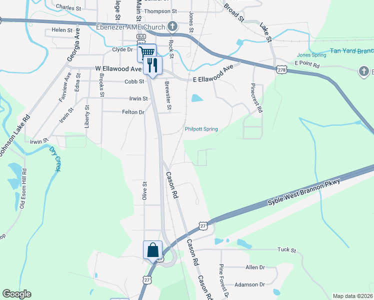 map of restaurants, bars, coffee shops, grocery stores, and more near 1313 McKibben Street in Cedartown