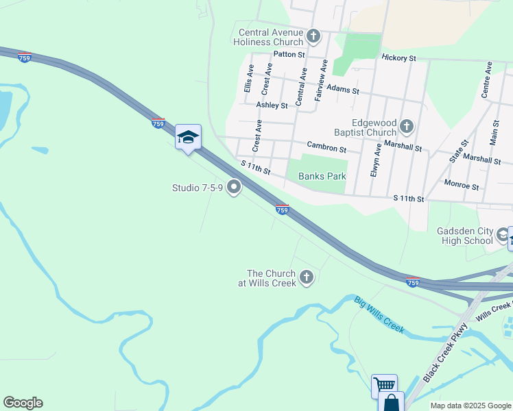 map of restaurants, bars, coffee shops, grocery stores, and more near 2798 Wills Creek Road in Gadsden