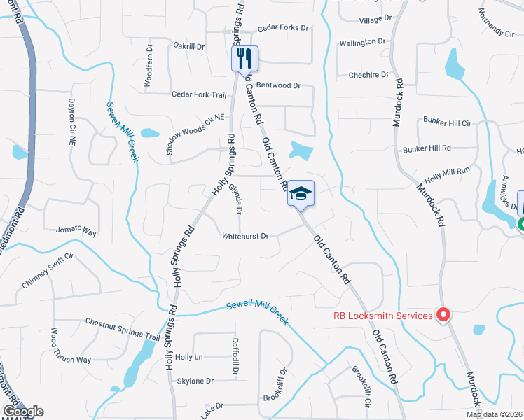 map of restaurants, bars, coffee shops, grocery stores, and more near 1915 Brownridge Drive in Marietta
