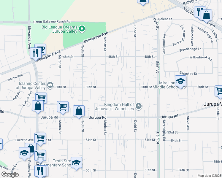 map of restaurants, bars, coffee shops, grocery stores, and more near 10456 50th Street in Jurupa Valley