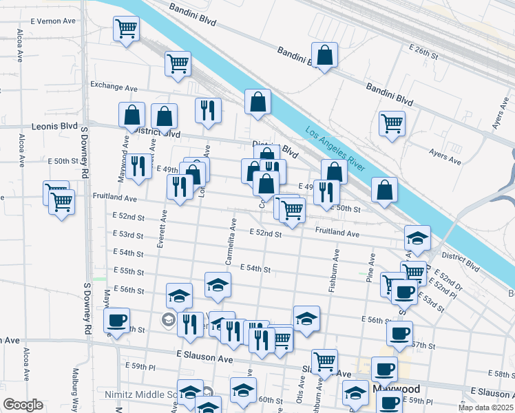 map of restaurants, bars, coffee shops, grocery stores, and more near 4608 East 50th Street in Vernon