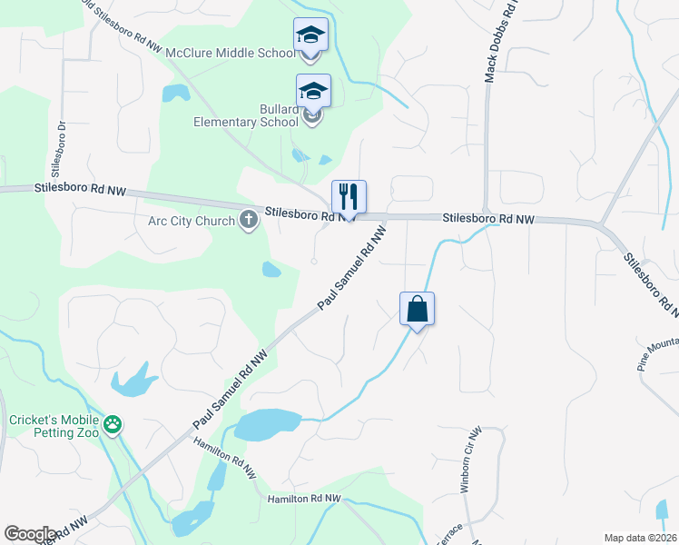 map of restaurants, bars, coffee shops, grocery stores, and more near 3580 Paul Samuel Road Northwest in Kennesaw