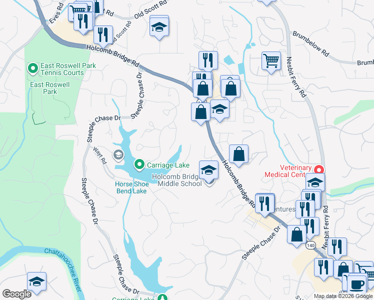 map of restaurants, bars, coffee shops, grocery stores, and more near 330 Watercress Drive in Roswell