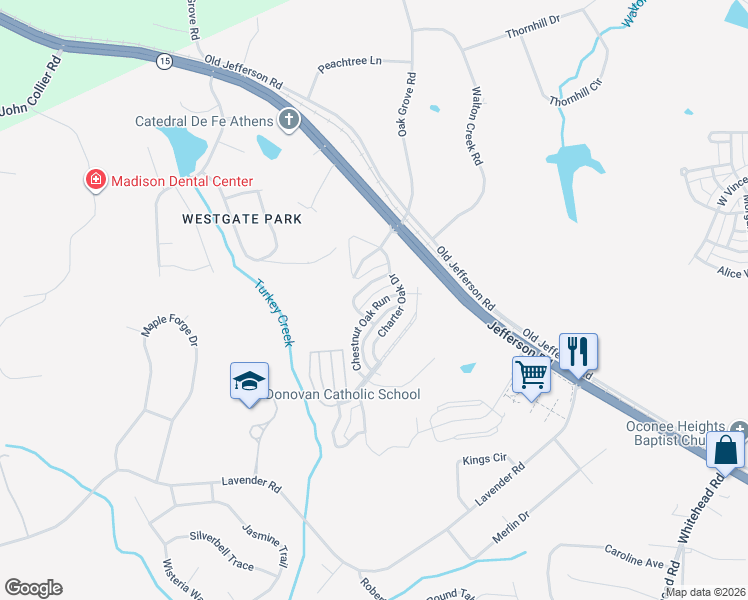 map of restaurants, bars, coffee shops, grocery stores, and more near 12 Chestnut Oak Run in Athens