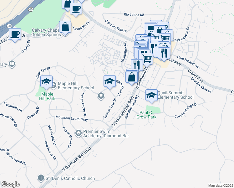 map of restaurants, bars, coffee shops, grocery stores, and more near 23072 Aspen Knoll Drive in Diamond Bar