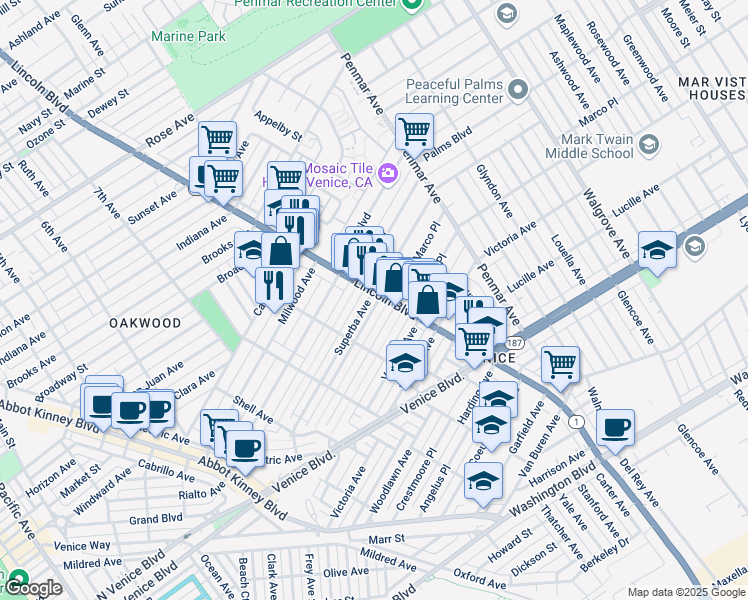 map of restaurants, bars, coffee shops, grocery stores, and more near 1609 Lincoln Boulevard in Los Angeles