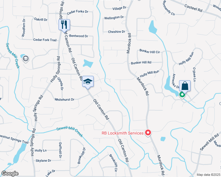 map of restaurants, bars, coffee shops, grocery stores, and more near 2879 Wynfair Drive in Marietta
