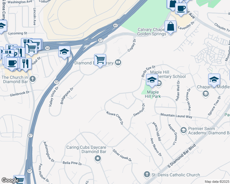 map of restaurants, bars, coffee shops, grocery stores, and more near 22033 Birds Eye Drive in Diamond Bar