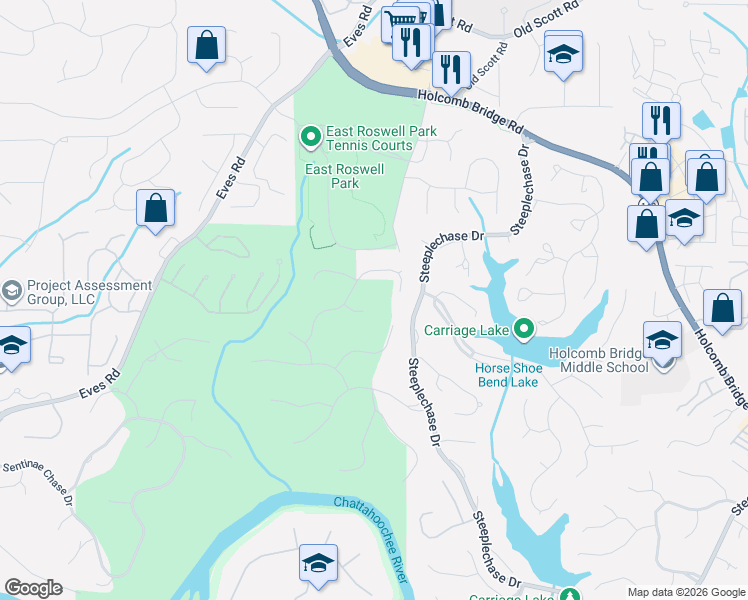 map of restaurants, bars, coffee shops, grocery stores, and more near 610 Wynfield Court in Roswell