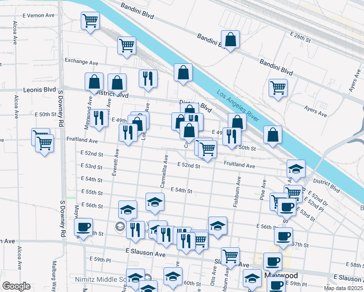 map of restaurants, bars, coffee shops, grocery stores, and more near 4608 East 50th Street in Vernon