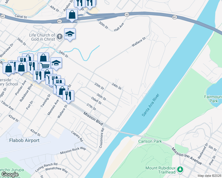 map of restaurants, bars, coffee shops, grocery stores, and more near 5269 35th Street in Riverside