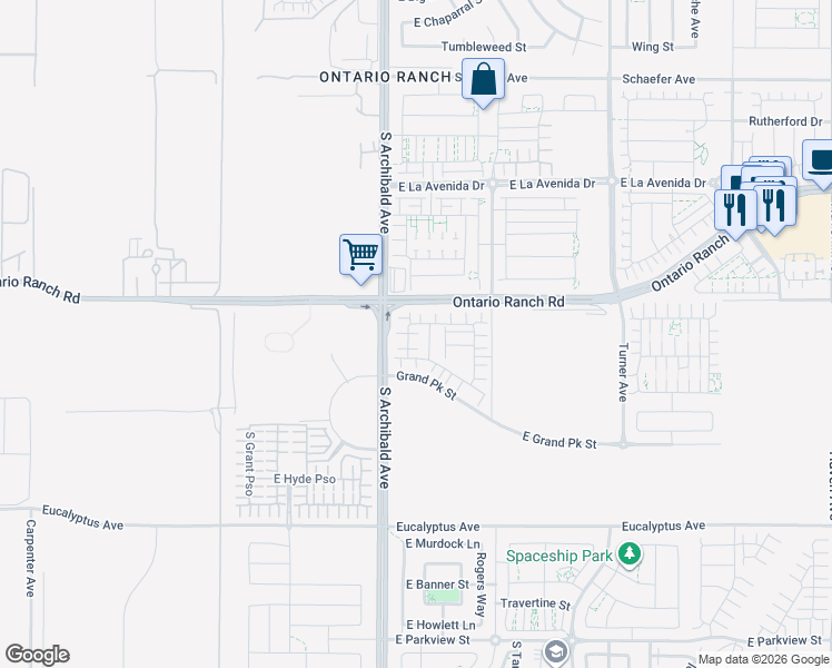 map of restaurants, bars, coffee shops, grocery stores, and more near 4239 South Montoya Paseo in Ontario