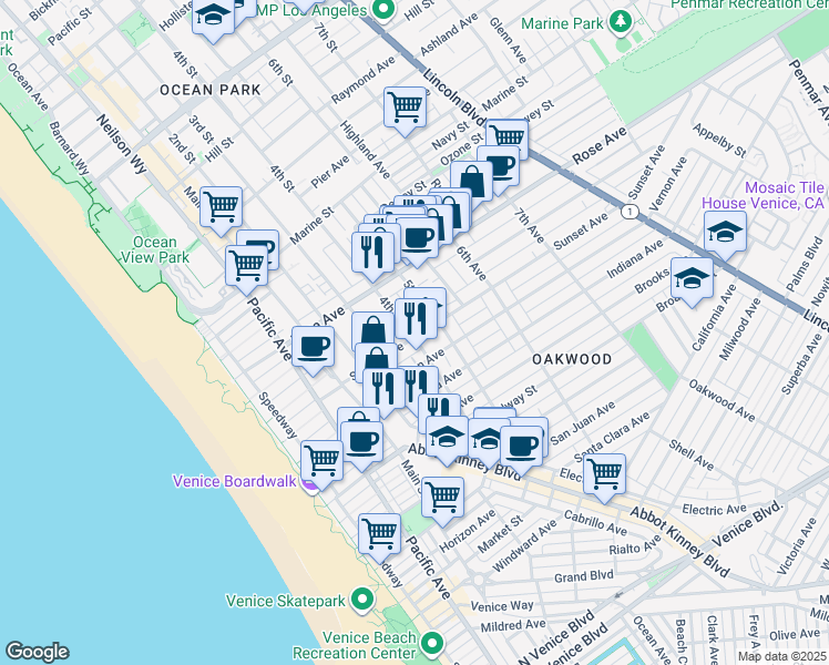 map of restaurants, bars, coffee shops, grocery stores, and more near 611 5th Avenue in Los Angeles