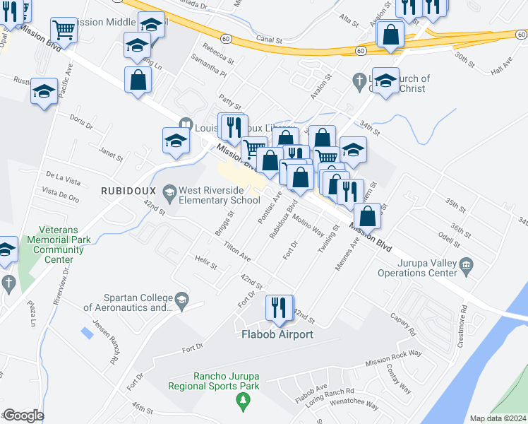 map of restaurants, bars, coffee shops, grocery stores, and more near 3925 Pontiac Avenue in Riverside