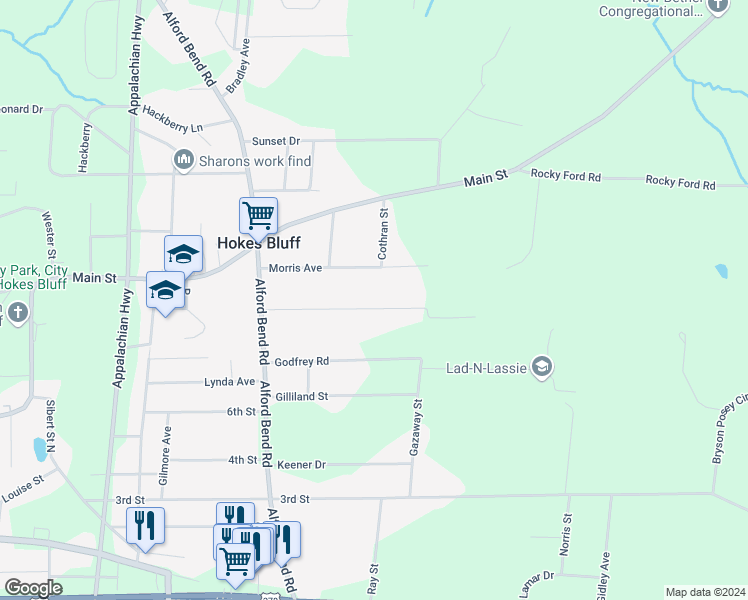 map of restaurants, bars, coffee shops, grocery stores, and more near 5856 Eastview Avenue in Gadsden