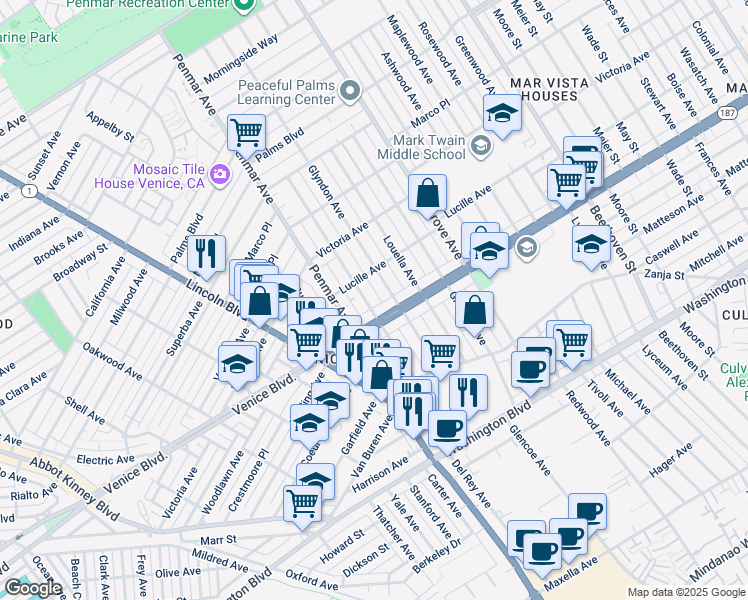 map of restaurants, bars, coffee shops, grocery stores, and more near 2330 Walnut Avenue in Los Angeles