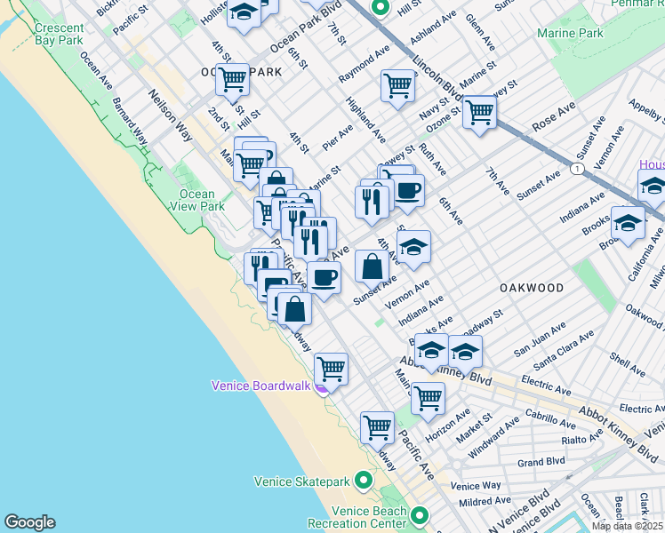 map of restaurants, bars, coffee shops, grocery stores, and more near 200 Rose Avenue in Los Angeles