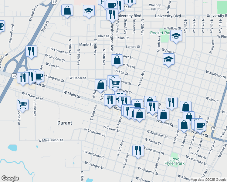 map of restaurants, bars, coffee shops, grocery stores, and more near 218 North Washington Avenue in Durant