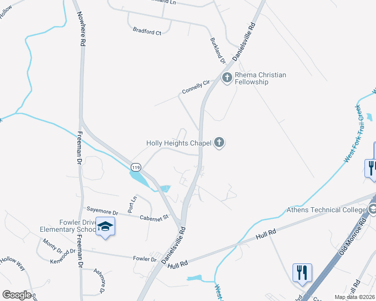 map of restaurants, bars, coffee shops, grocery stores, and more near 18 Pine Lane Drive in Athens