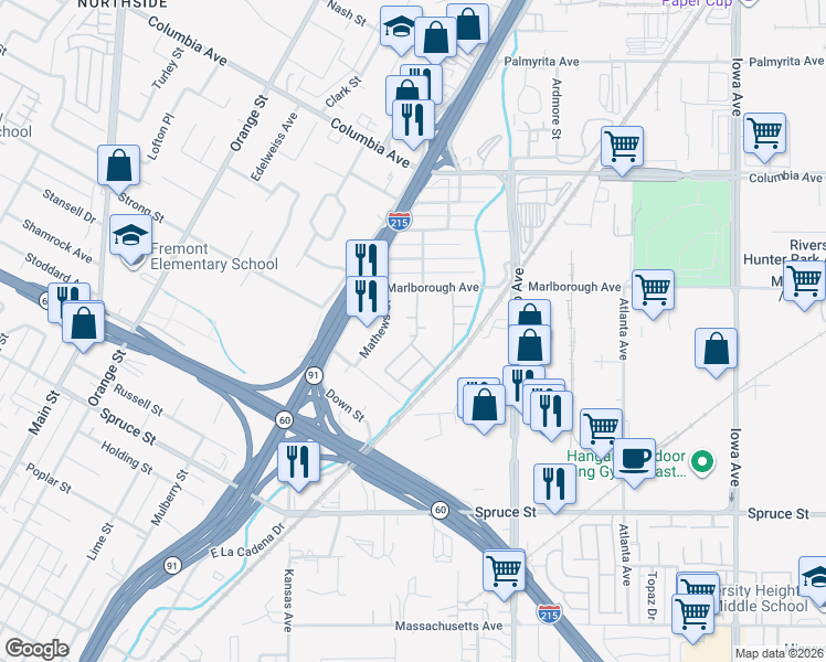 map of restaurants, bars, coffee shops, grocery stores, and more near 2017 Mandello Court in Riverside