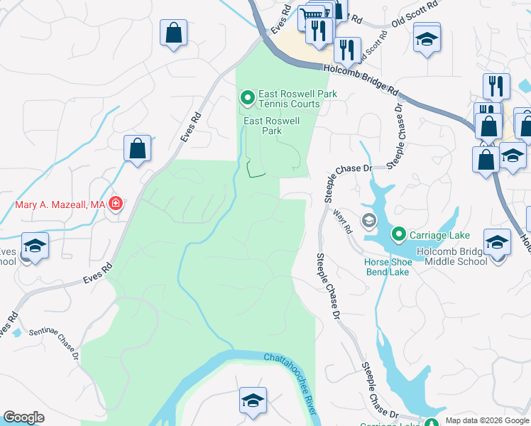 map of restaurants, bars, coffee shops, grocery stores, and more near 8740 Torrington Dr in Roswell