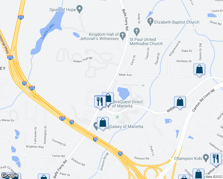 map of restaurants, bars, coffee shops, grocery stores, and more near 366 Oak Harbor Trail in Marietta