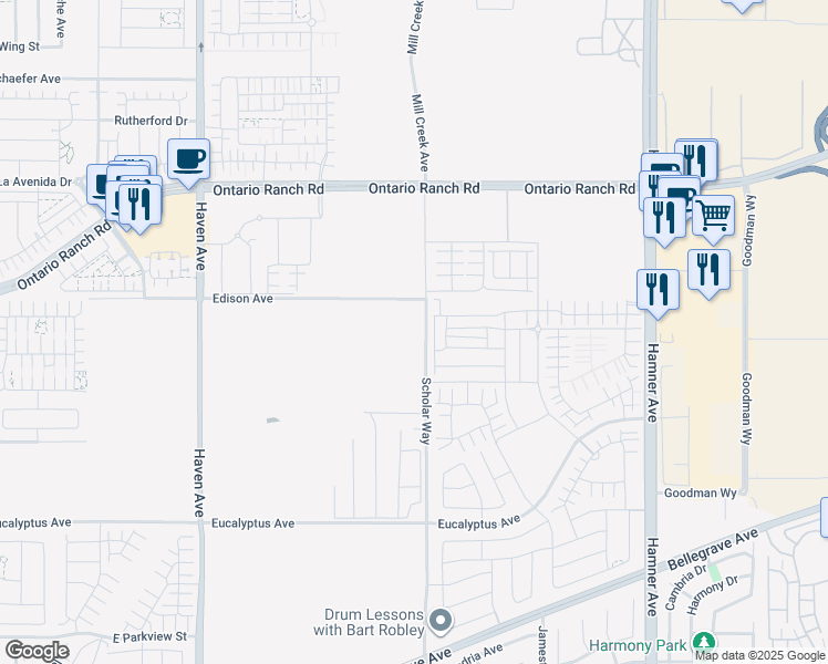 map of restaurants, bars, coffee shops, grocery stores, and more near 14162 Scholar Way in Ontario