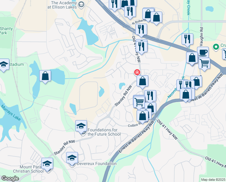 map of restaurants, bars, coffee shops, grocery stores, and more near 1891 Stancrest Trace Northwest in Kennesaw