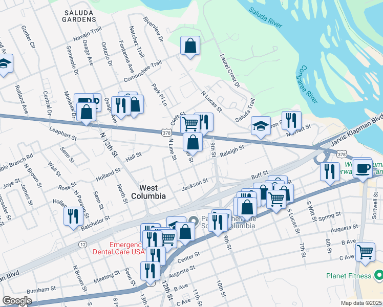 map of restaurants, bars, coffee shops, grocery stores, and more near 518 Jasper Street in West Columbia