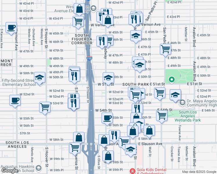 map of restaurants, bars, coffee shops, grocery stores, and more near 5101 South Broadway in Los Angeles